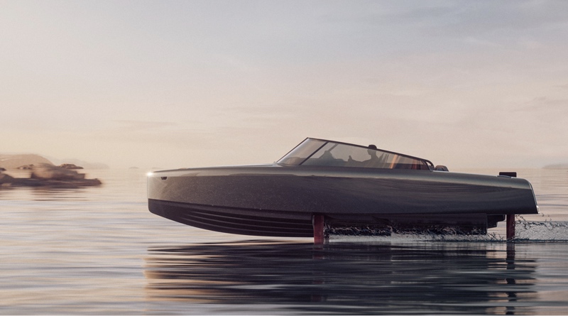 Candela 8 on hydrofoils riding on top of the water