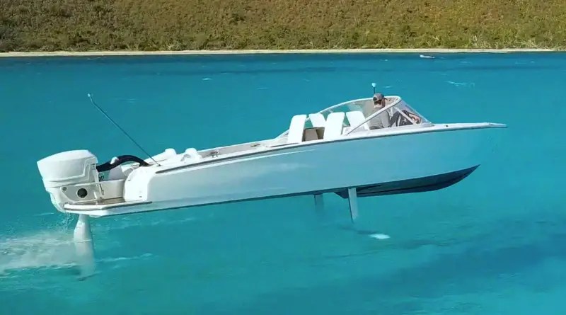 Canela electric flying boat hydrofoiling 1 metre above the water off British Virgin Islands