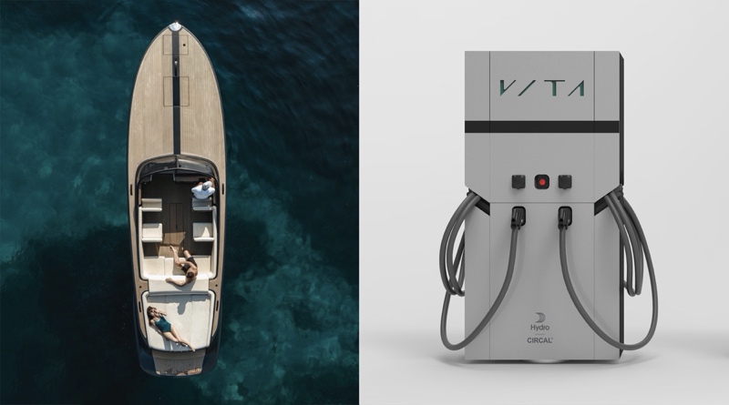 electric boat chargers side by side with photo of electric boat