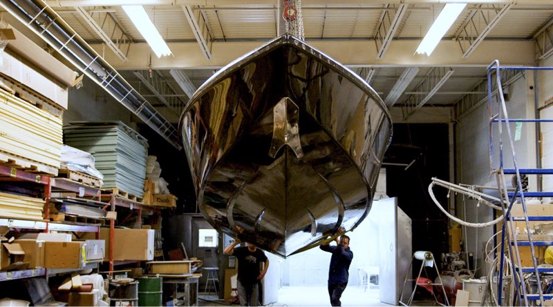 hull of electric speedboat in Voltari factory