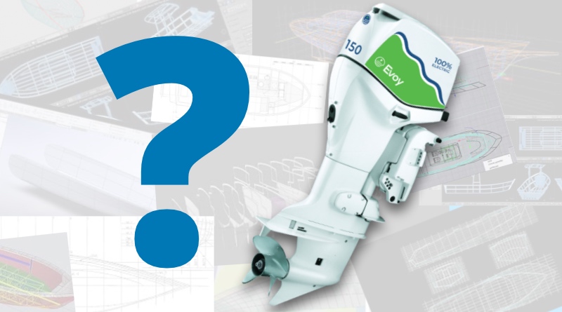 world's most powerful electric outboard with boat designs and a question mark beside it
