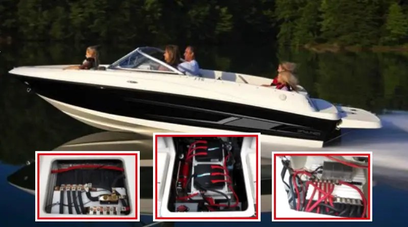 A Bayliner boat with family speeding along a lake with insets of photos of electric motor elements