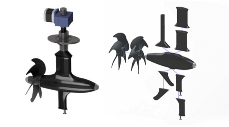 electric pod motor with exploded view of how it can be configured for different uses