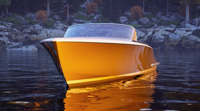 elegant electric boat Isobel seen at the bow