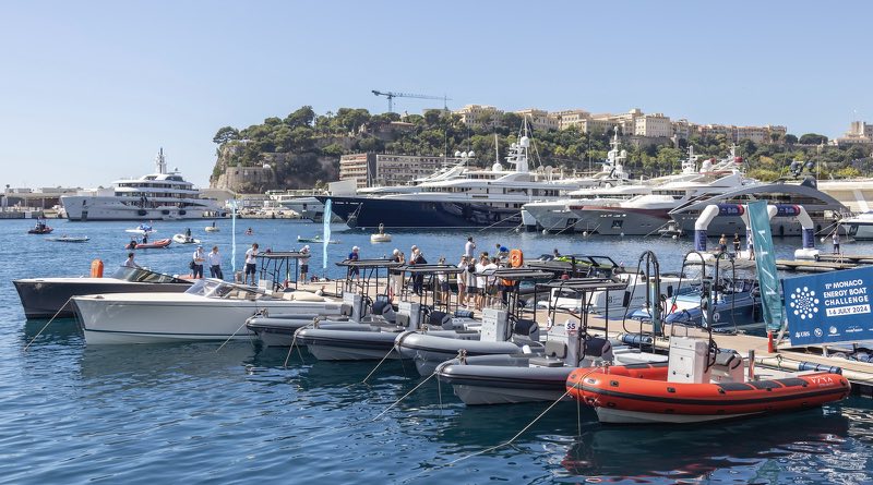 Yacht Club de Monaco marina and E-Dock of electric boats (superyachts in background)
