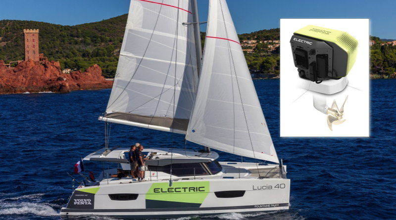 a sailboat at sea with an inset photograph of the new Volvo Penta electric saildrive